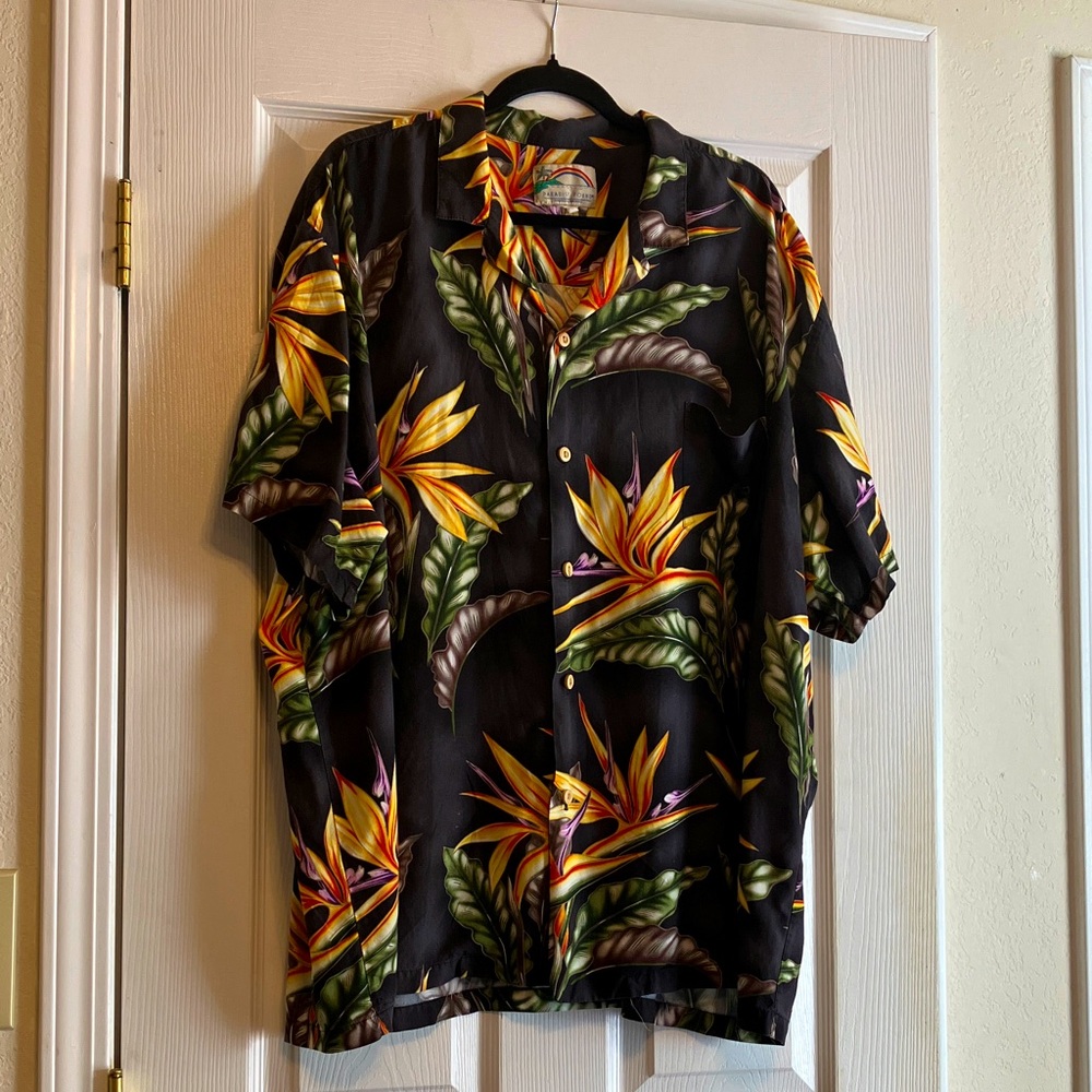 Vintage Paradise Found Hawaiian Aloha bird of paradise print Black floral Shirt